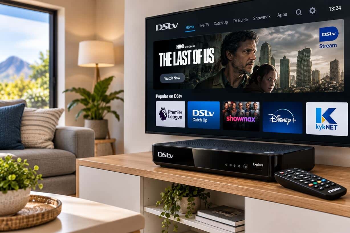 DStv Explora decoder and remote control connected to a television in a modern living room