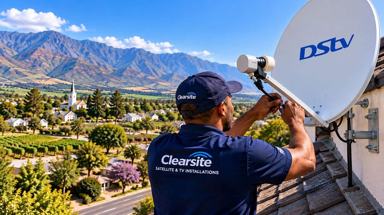 Clearsite technician installing a DStv satellite dish with a scenic mountain valley in the background
