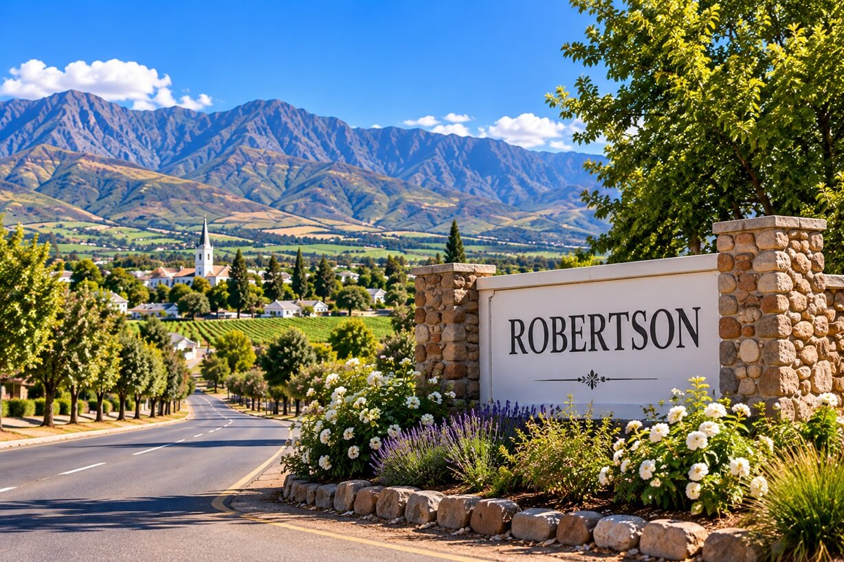 Illustrated Robertson welcome sign with vineyards, town buildings and mountains in the background